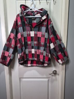 Vintage‎ Patch Work Plaid Half-Zip Hooded Pullover Jacket - Pink, Gray & Black